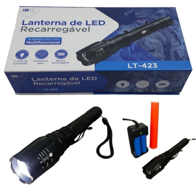 LANTERNA TATICA LED COM 2 BATERIAS RECARREGAVEIS LT423